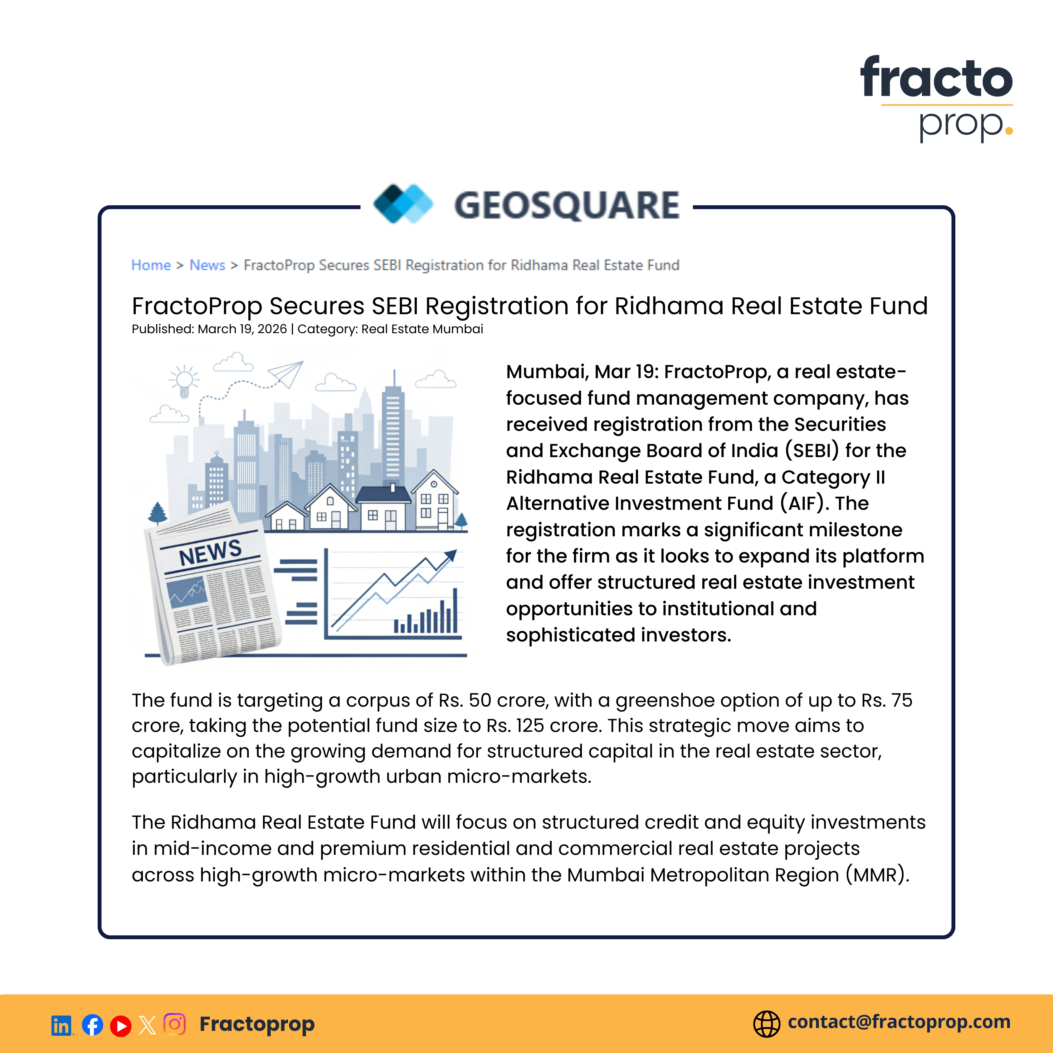 FractoProp receives SEBI registration for Ridhama Real Estate Fund - Realty & More